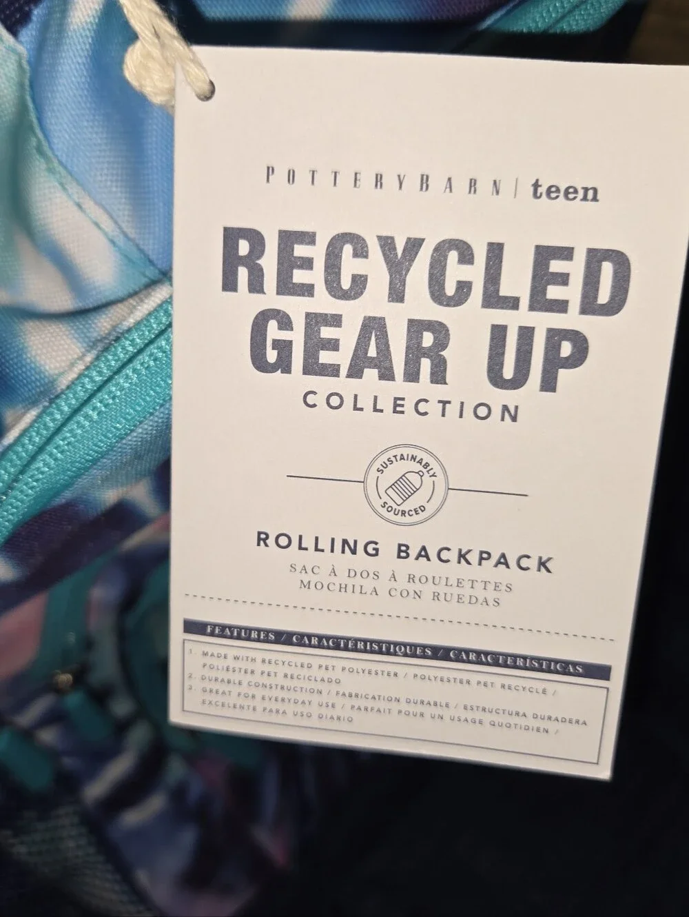 Pottery Barn Teen Tie-Dye Blue Rolling Backpack with Turquoise Accents